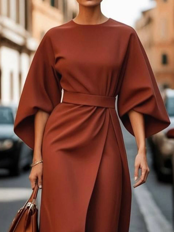 Elegant Pleated Midi Dress with Puff Sleeves
