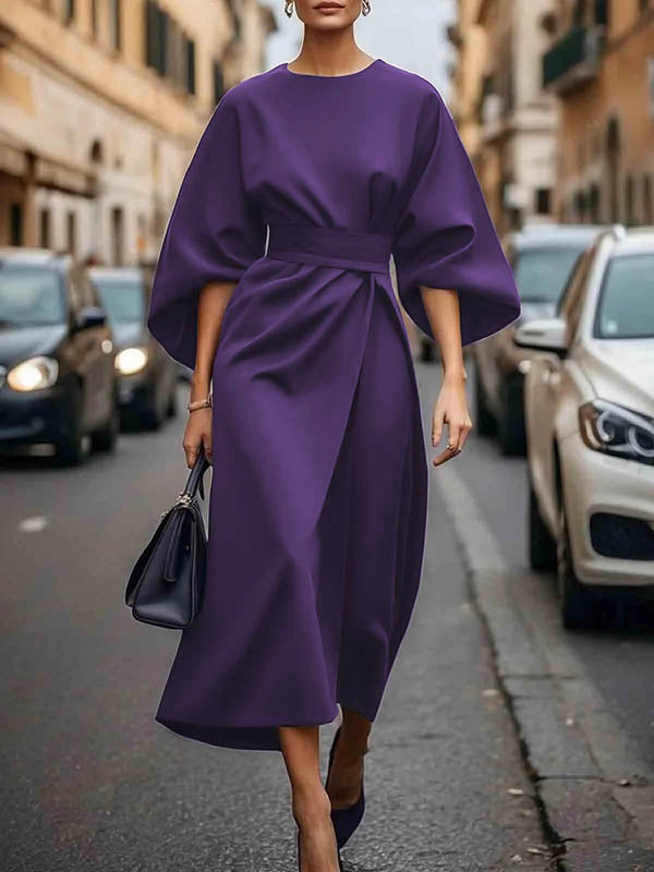 Elegant Pleated Midi Dress with Puff Sleeves