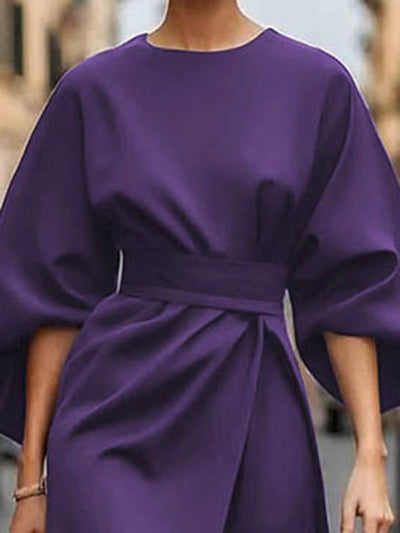 Elegant Pleated Midi Dress with Puff Sleeves