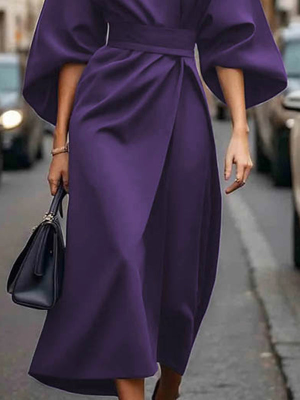 Elegant Pleated Midi Dress with Puff Sleeves