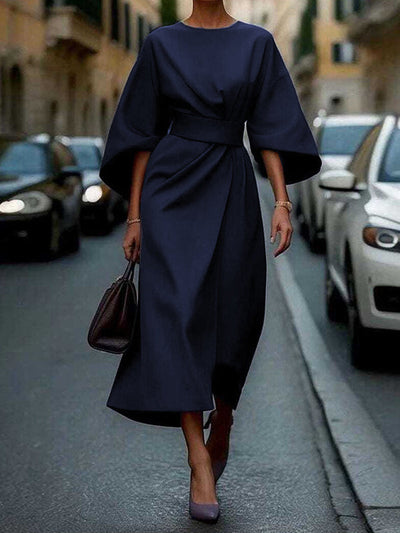 Elegant Pleated Midi Dress with Puff Sleeves