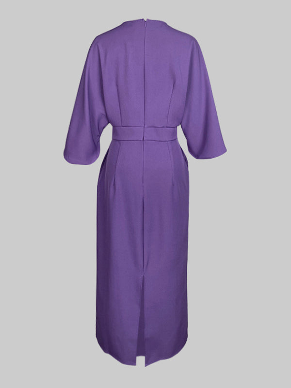 Elegant Pleated Midi Dress with Puff Sleeves