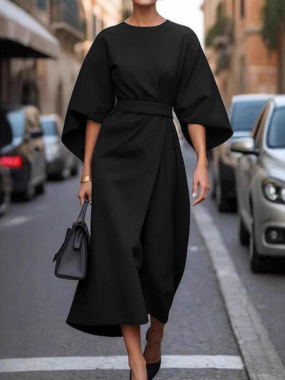 Elegant Pleated Midi Dress with Puff Sleeves