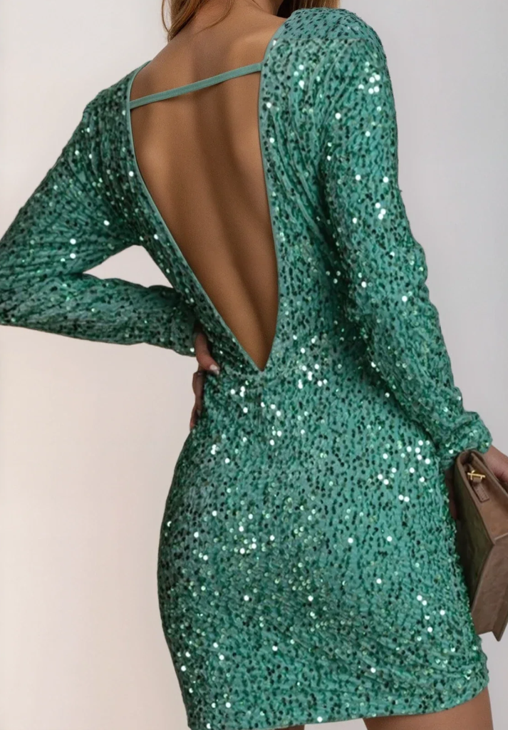 Vestido Brillante Glam con Espalda Abierta – Negro