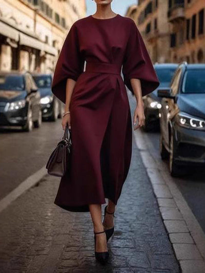 Elegant Pleated Midi Dress with Puff Sleeves