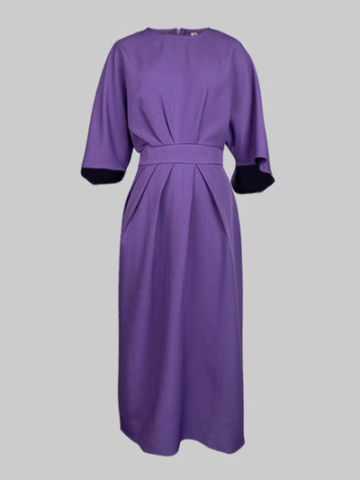 Elegant Pleated Midi Dress with Puff Sleeves
