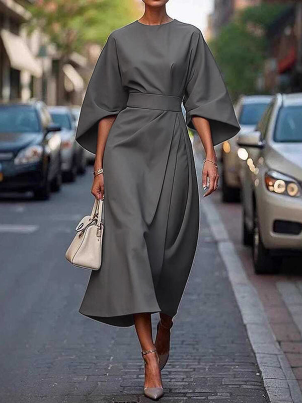 Elegant Pleated Midi Dress with Puff Sleeves